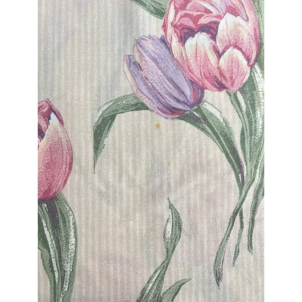 80s Cottagecore Tulip Floral Stripe King Flat Sheet 1980s Vintage